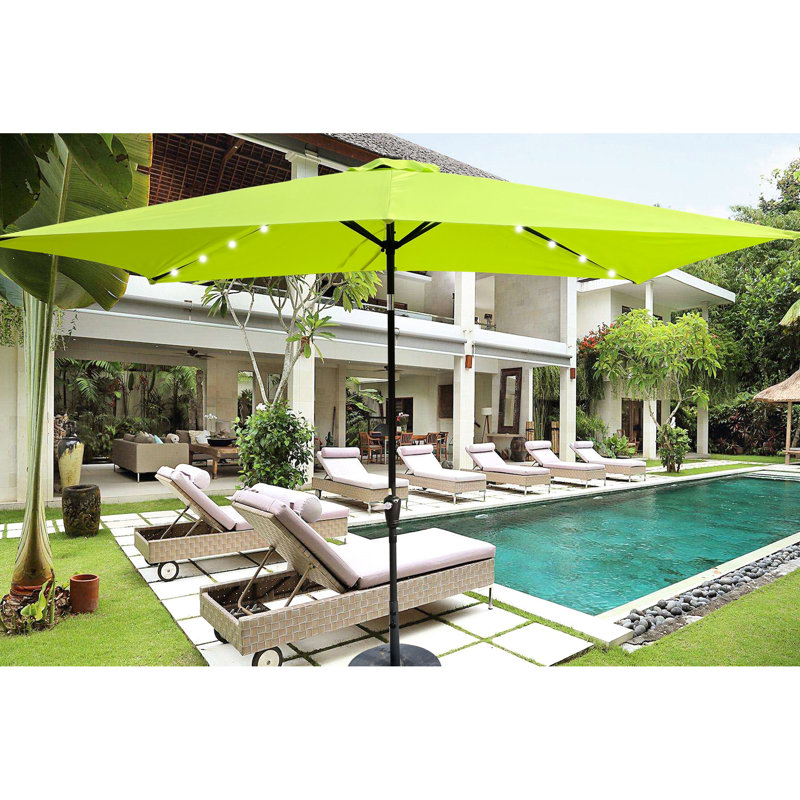 Parasol rectangulaire à DEL pour terrasse 10 pi x 6,5 pi, manivelle, inclinable, 26 lumières pour jardin, Lime Green