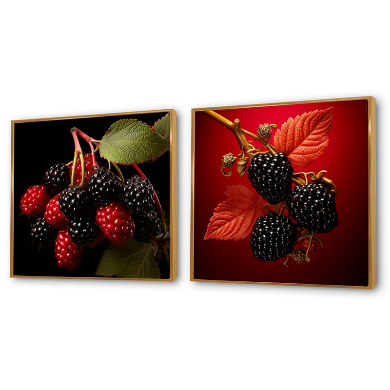 Velouté vermillon mûre baroque fruit - fruits ensemble de collage carré de 2, Cadre flottant doré, H 30 po x l 61 po