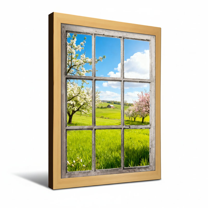 Paysage et nature Paysage de printemps à travers un cadre de fenêtre, H 30 po x l 20 po, Grain de bois beige