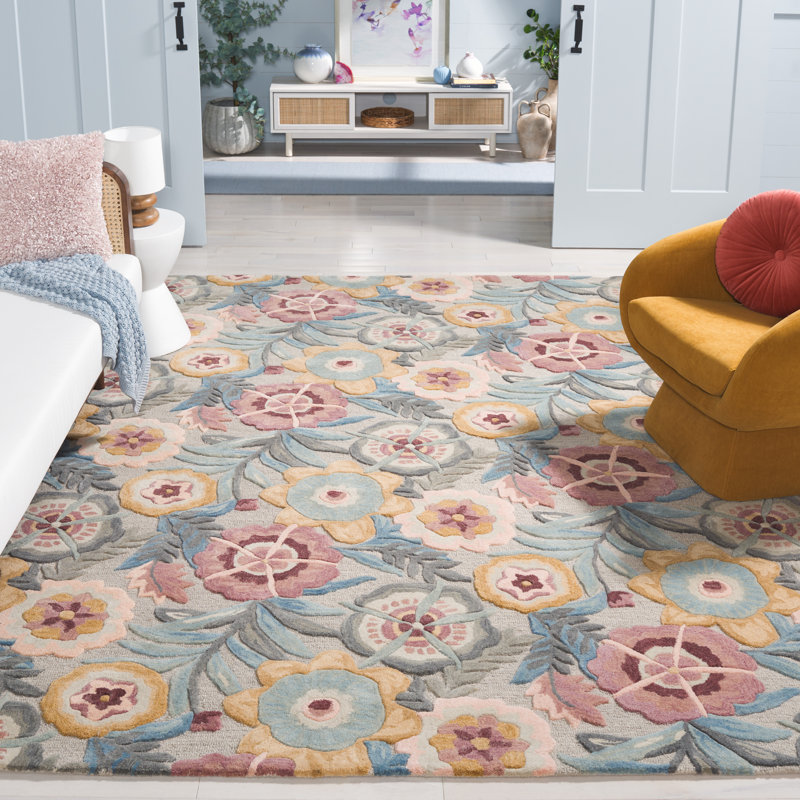 Orilla Tufted Wool/Cotton Floral Rug in Gray/Pink, Rectangle 8' x 10'