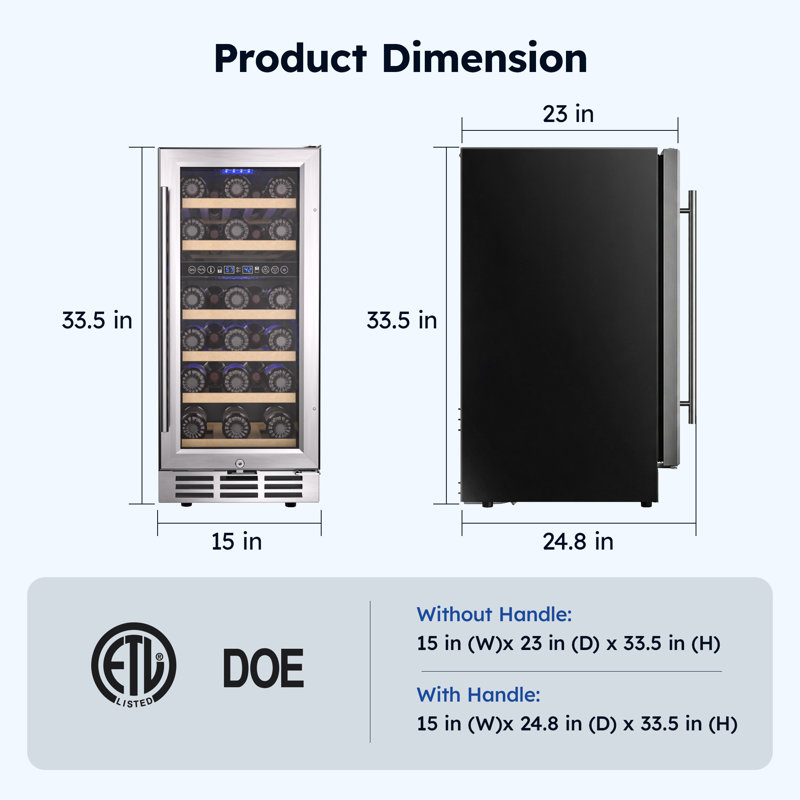 Simzlife 15 Inch Wine Fridge, Dual Zone Wine Chiller with Digital Temperature Control, Wine Cooler Upgraded Compressor Fits Low Noise, Wine Storage with Double-Layer Glass Door, 33 Bottles
