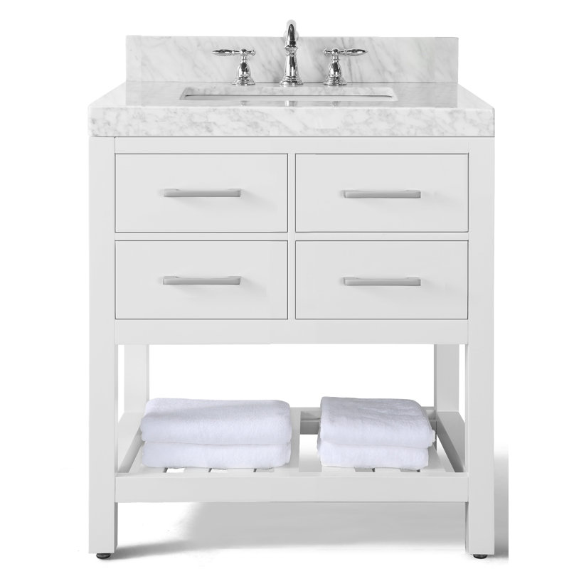 Carrie 36'' Single Bathroom Vanity with Carrara Marble Top, White| Brushed Nickel