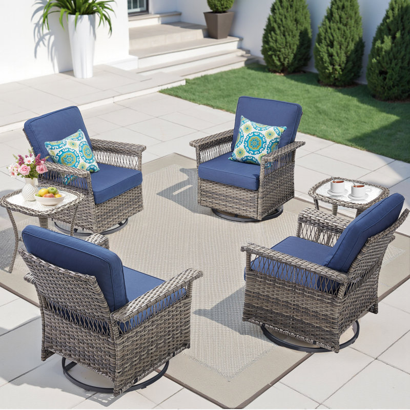 Swivel PE Wicker Rattan Outdoor Rocking Chairs Set With Side Table (4 Chairs And 2 Side Table), Blue