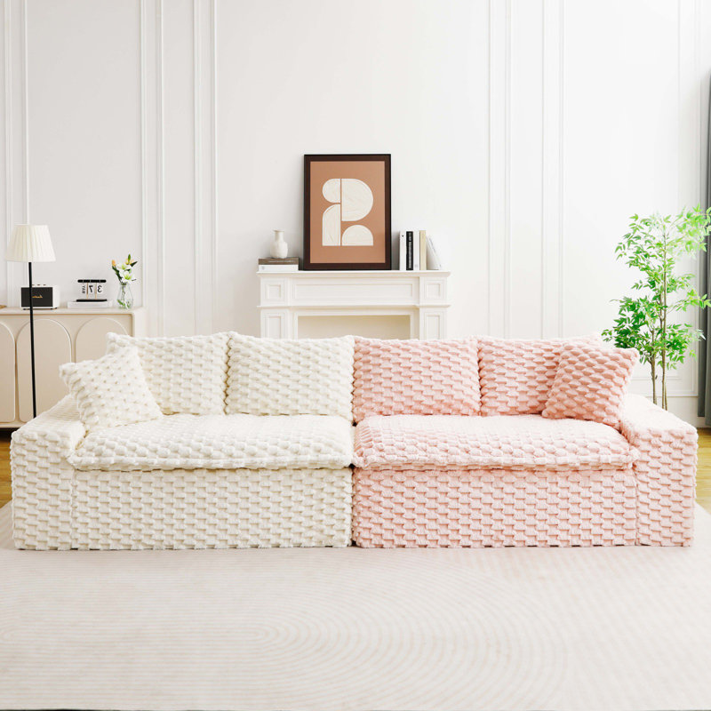 White&Pink Turtle Velvet Double Chaise Lounge Multifunctional Lazy Sofa, White/Pink Velvet