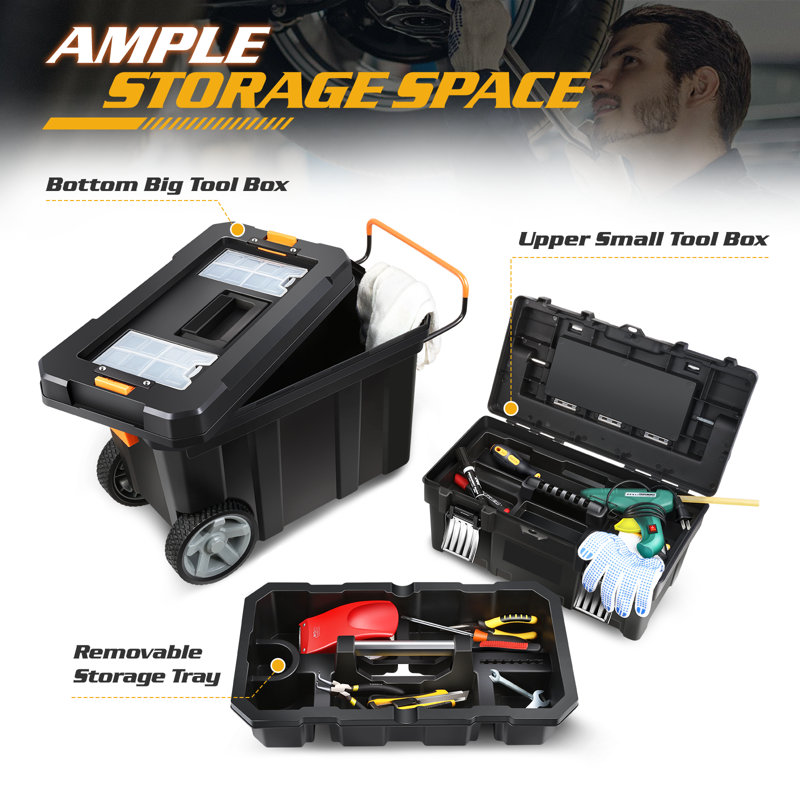 2-Tier Stackable Tool Box Trolley Heavy-Duty Portable Tool Storage With Extendable Handle??