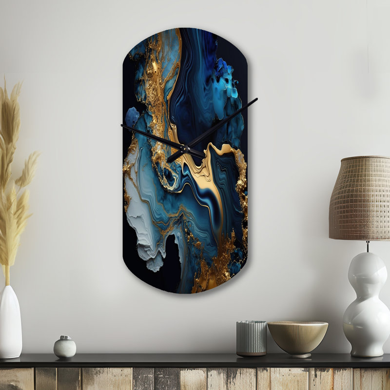 Horloge murale abstraite géométrique en marbre bleu III - horloge murale asymétrique en métal, Petit