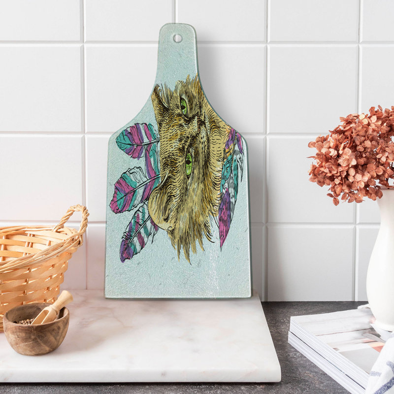 Ambesonne Cat Tempered Glass Cutting Board Cat with Colourful Feathers Multicolor