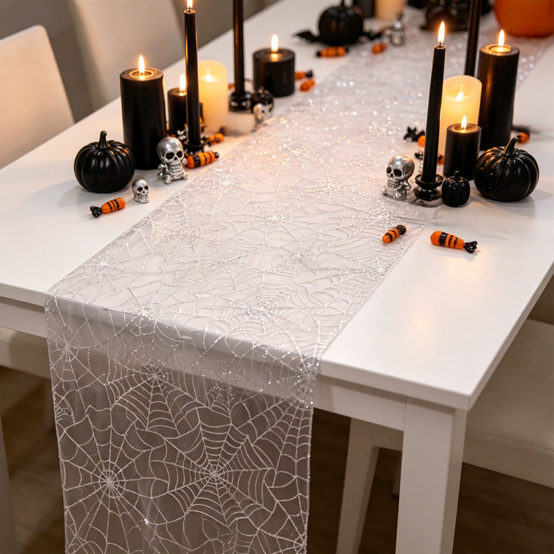 Chemin de table en filet noir de 3 m, napperons découpables, décor de table et de foyer pour l'Halloween