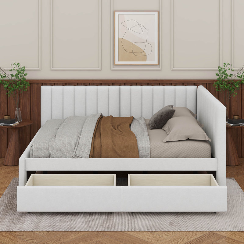 Full Size Upholstered Daybed With Storage Drawers, Beige