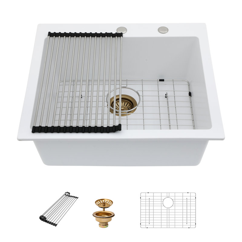 Beslend Granite Drop in Kitchen Sink White, 10" H x 25" L x 22" W