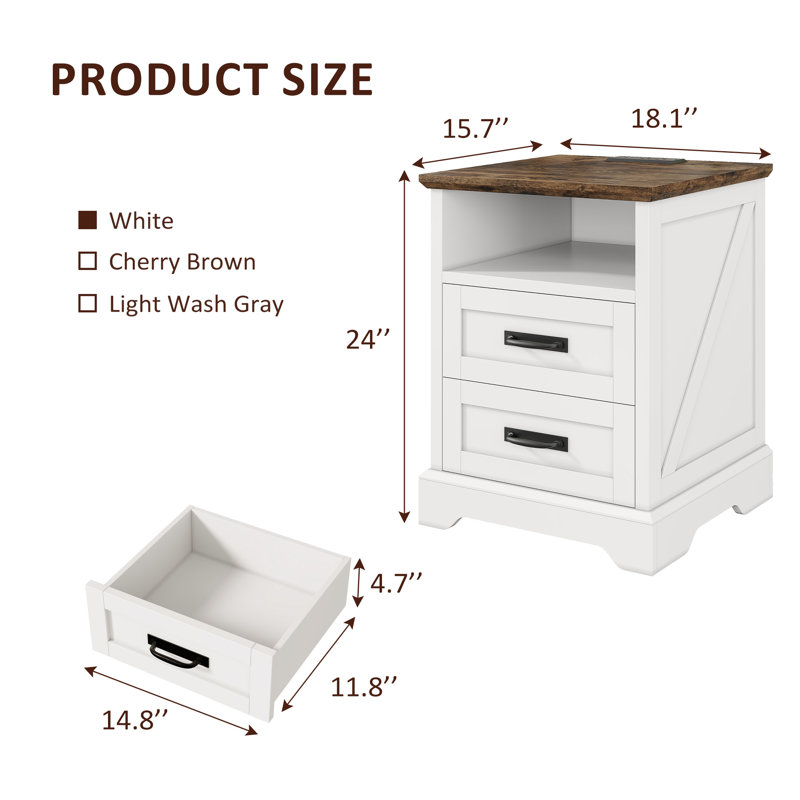 Farmhouse Nightstand with Charging Station, 2 Drawers Bed Side Table, 18 inch Wide End Table for Bedroom, Living Room