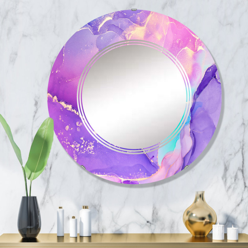 Fuchia liquide mauve et bleu Art V - Miroir mural rond moderne, 32 po x 32 po