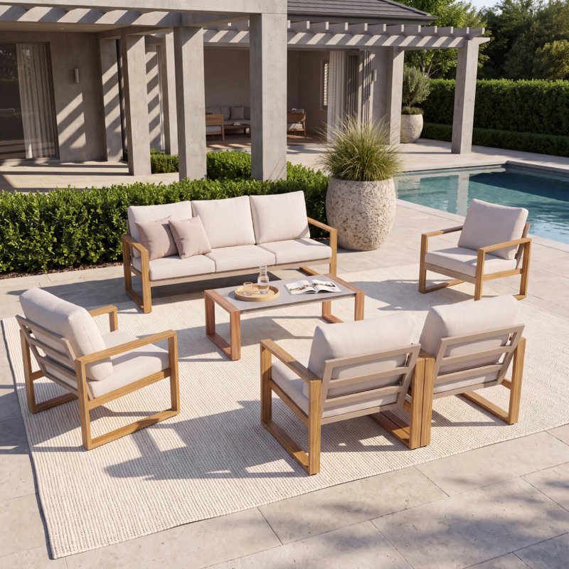 Ensemble de conversation d'extérieur en aluminium pour 8 personnes Arunas avec finition grain de bois et coussin résistant aux intempéries