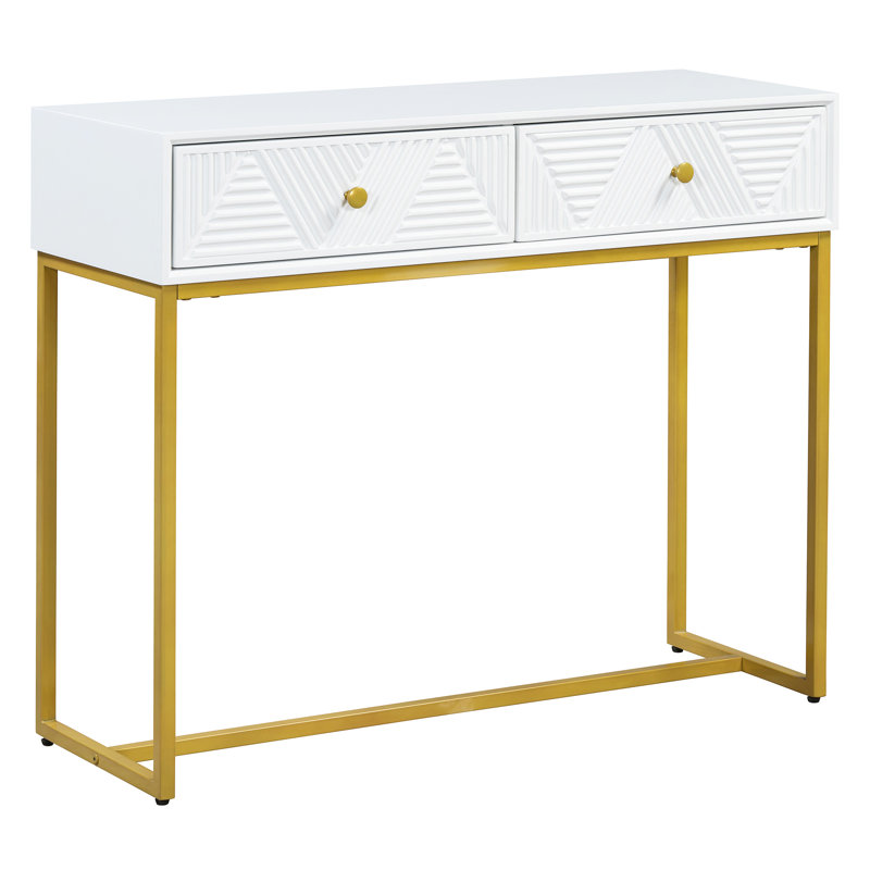 Modern console table with two storage drawers & stripe design, sleek entryway sofa table for living room & hallway, white