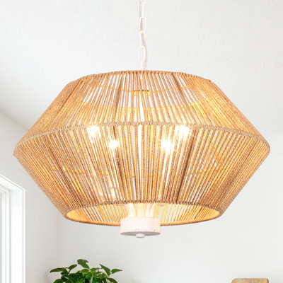 Lustre tambour bohème en rotin à 4 lumières, idéal pour la salle à manger, le salon ou la chambre.
