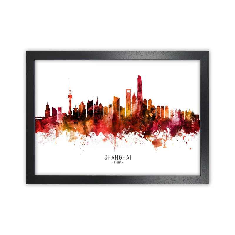 Shanghai China Skyline Red City Name by Michael Tompsett - Print, 25cm H x 34cm W x 3cm D, Black Framed