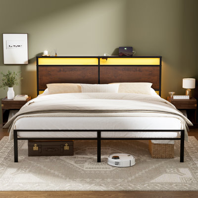 Antioch King Platform Bed with Storage Headboard, LED Light & Charging Station, USB & Type-C Ports, No Box Spring Needed