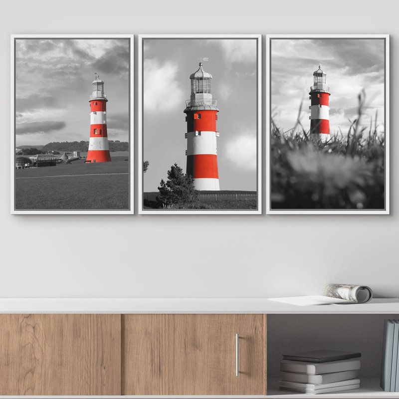 Décoration murale moderne phare de couleur vive avec paysage noir et blanc, Cadre flottant blanc, H 36 po x l 72 po