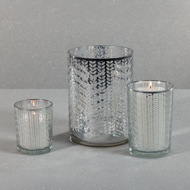 Laser-Etched Metallic Glass Hurricane Candle Holder, Silver, 7" H x 4.75" W x 4.75" D