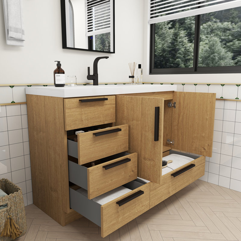 Meuble-lavabo autoportant avec tiroirs latéraux Carla, 47", Chêne naturel