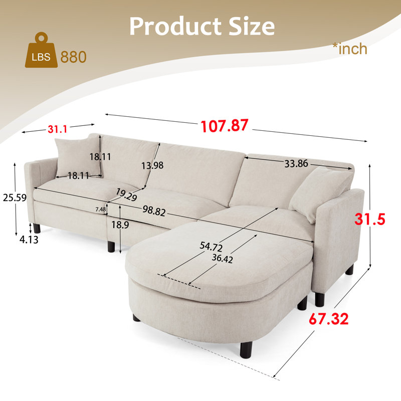 Shawn Upholstered L-Shaped Sectional Reversible, Beige Polyester