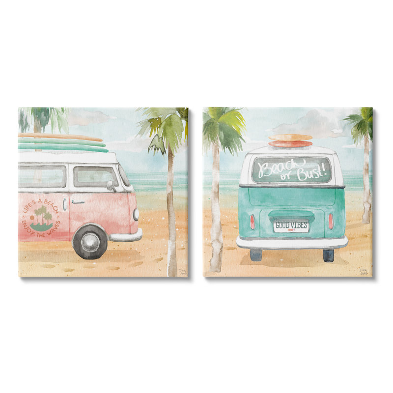 «Tropical Beach Holiday Van» par Dina June, ensemble de 2 peintures sur toile tendue, H 24 po x l 48 po x P 1,5 po