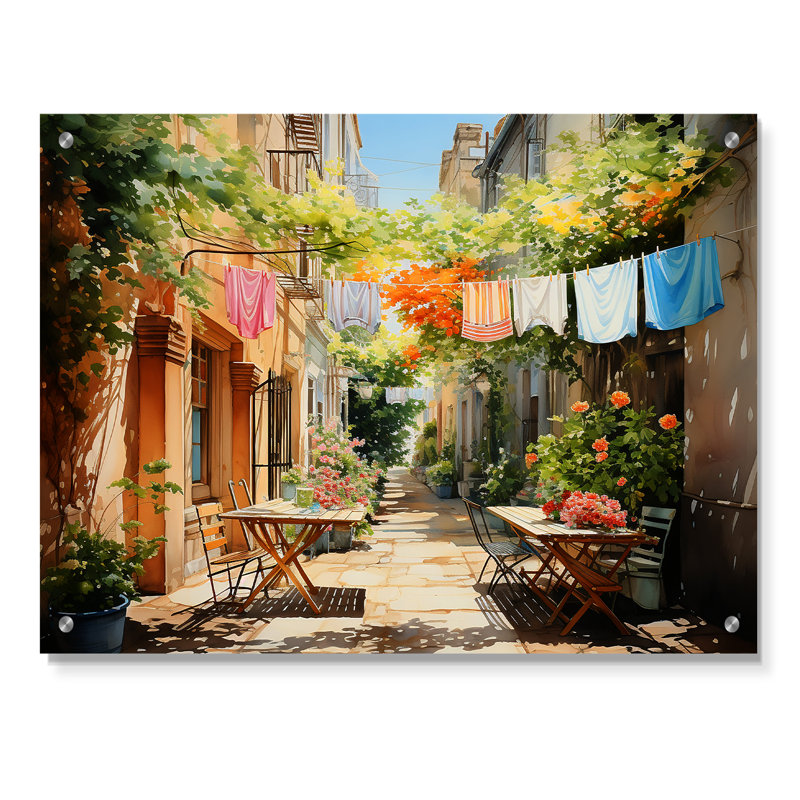 Jour de lessive en Italie III - Art mural moderne en acrylique, H 30 po x l 40 po