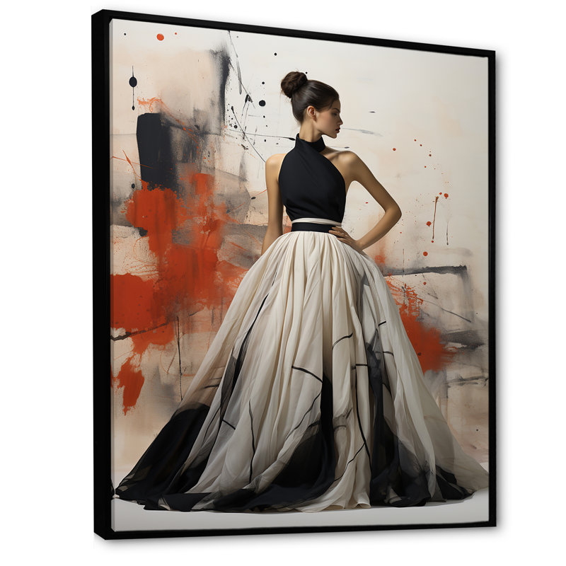 Robe noire et blanche chic - art mural Dior, Cadre flottant noir, H 32 po x l 24 po x P 1 po