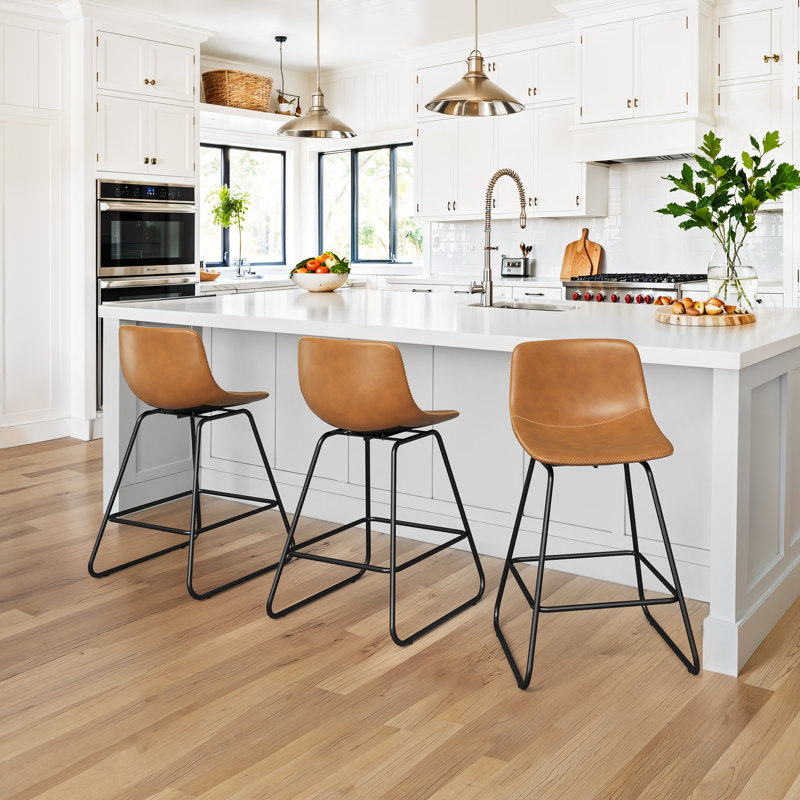  Swivel Bar Stools 24 Inch Counter Height Faux Leather Kitchen Island Chairs with Back and Footrest, Whiskey Brown