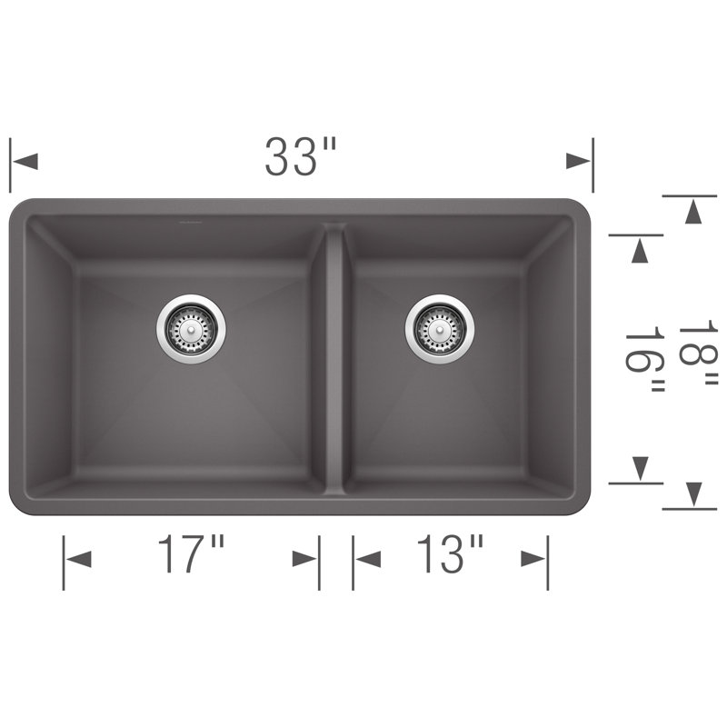 Évier de cuisine encastré à double cuve 60/40 Precier SILGRANIT 33 po - Cinder, Cendre