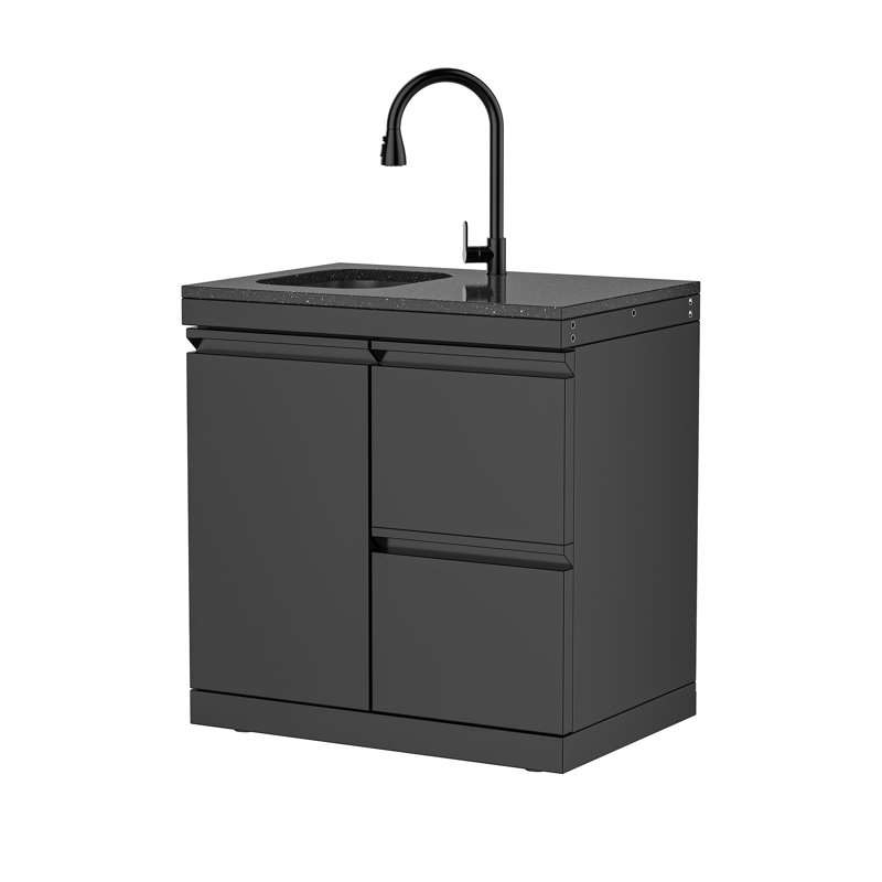 Îlot de cuisine extérieur Sera - Armoire en acier inoxydable noir avec tiroirs et évier intégré, comptoir en granit noir