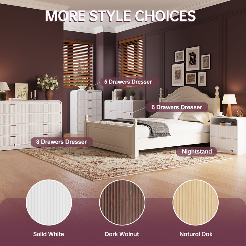 Ato 31.5'' W 5 - Drawer Mid-Century Modern, Wooden Dresser with Curved Profile, Fluted Design and Handles, White