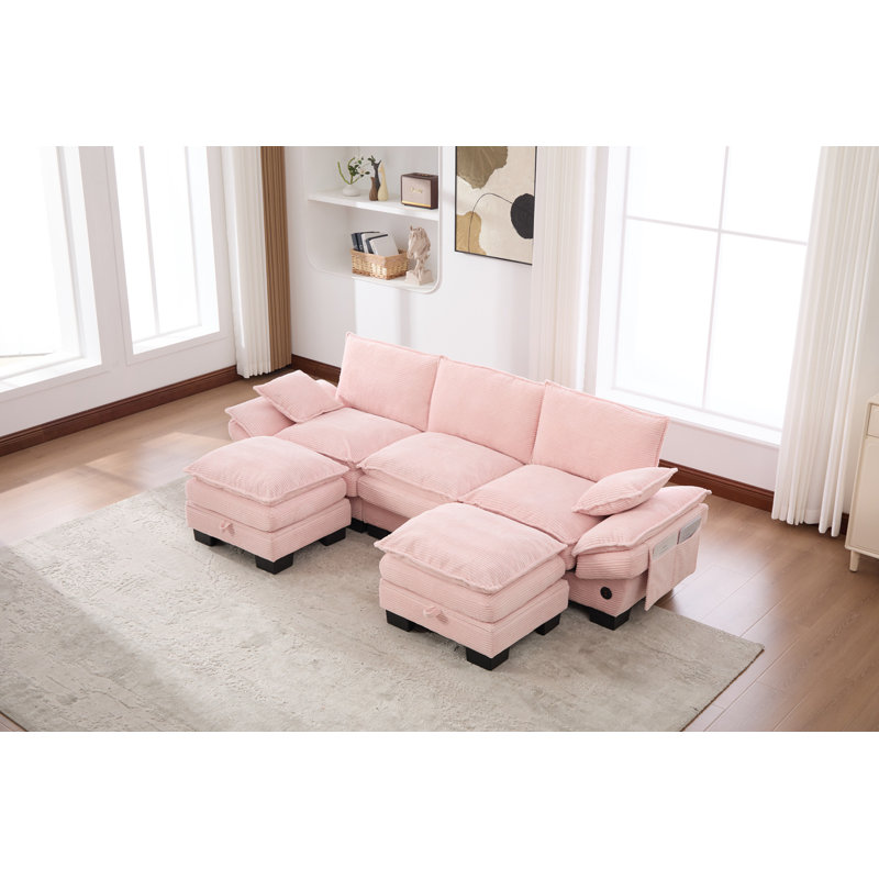 Comfy Upholstered Sectional Cloud Modular Sofa, Pink