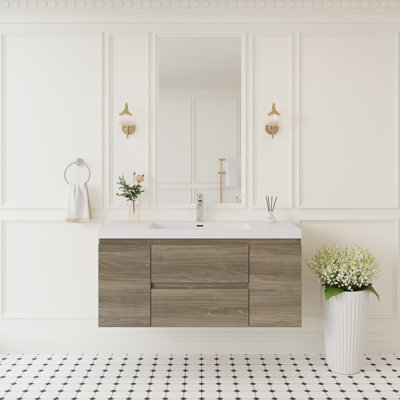 Meuble-lavabo mural 48 po avec lavabo, meuble-lavabo mural moderne avec lavabo à surface solide et tiroirs à fermeture en douceur, gris cendré
