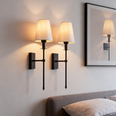 Ensemble de 2 appliques murales modernes avec abat-jour en tissu blanc, éclairage mince câblé pour meuble-lavabo, salon, chambre à coucher, entrée, cheminée et salle à manger