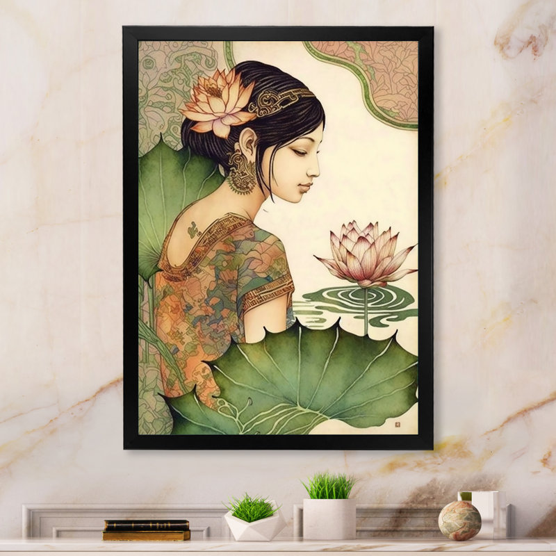 " Elegant Asian Lotus Goddess III ", Black Picture Framed, 20" H x 12" W x 1" D