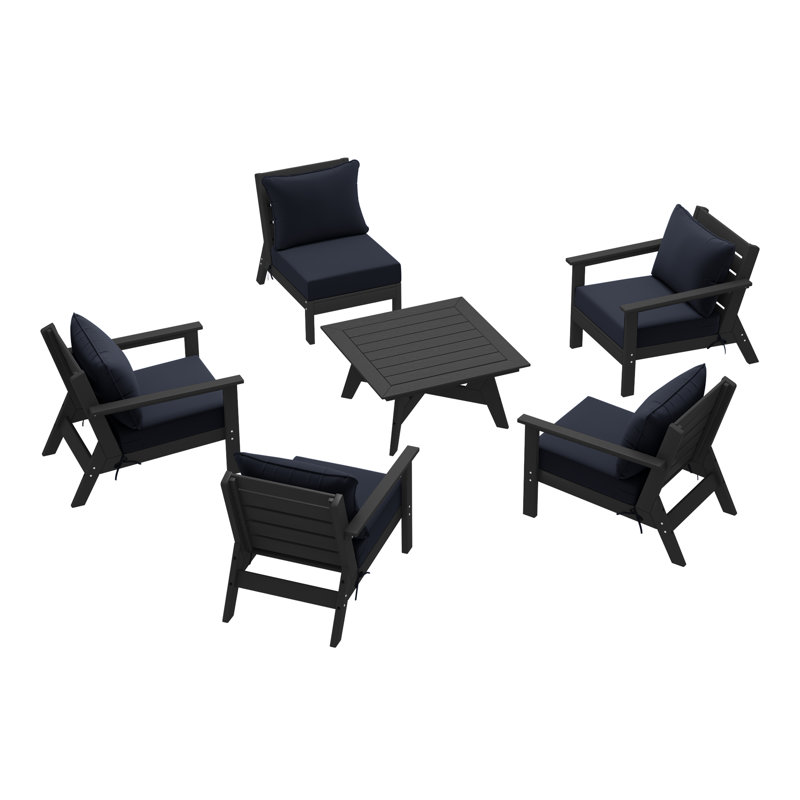 6-Piece Deep Seating Set, Navy Blue, Black