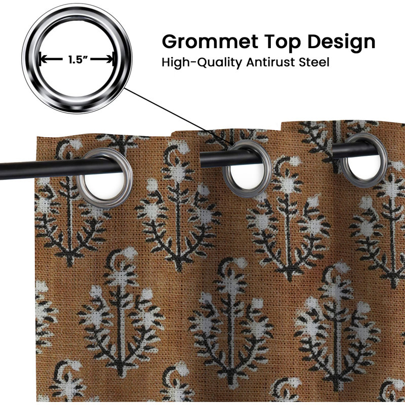 Brown Block Print Eyelet Blackout Curtain Panel Handmade Linen Drapes for Living Room, Bedroom & Window Styling, Brown
