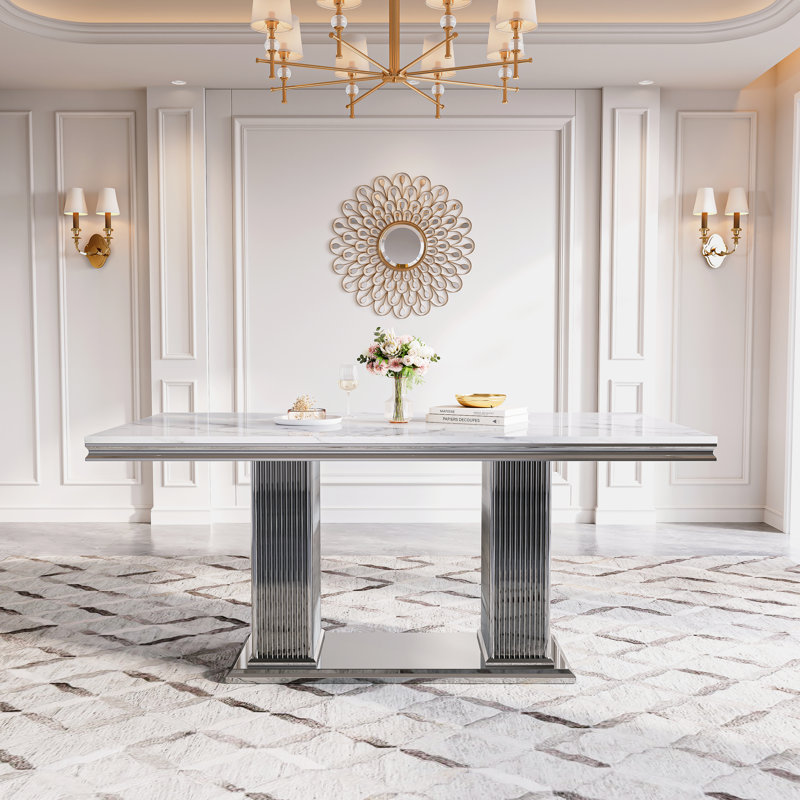 Metal Base Dining Table, White, Silver