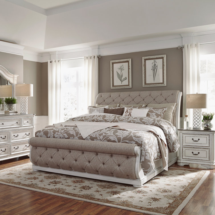 Colchester King California Upholstered Sleigh Bed, Dresser & Mirror, Night Stand