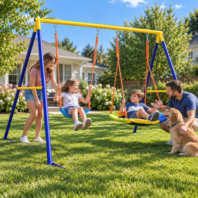 Balançoire robuste en métal avec structure en A, balançoire soucoupe de 81 cm et balançoire à ceinture, capacité de 200 kg, 2 places, pour jardin, bleu et jaune.