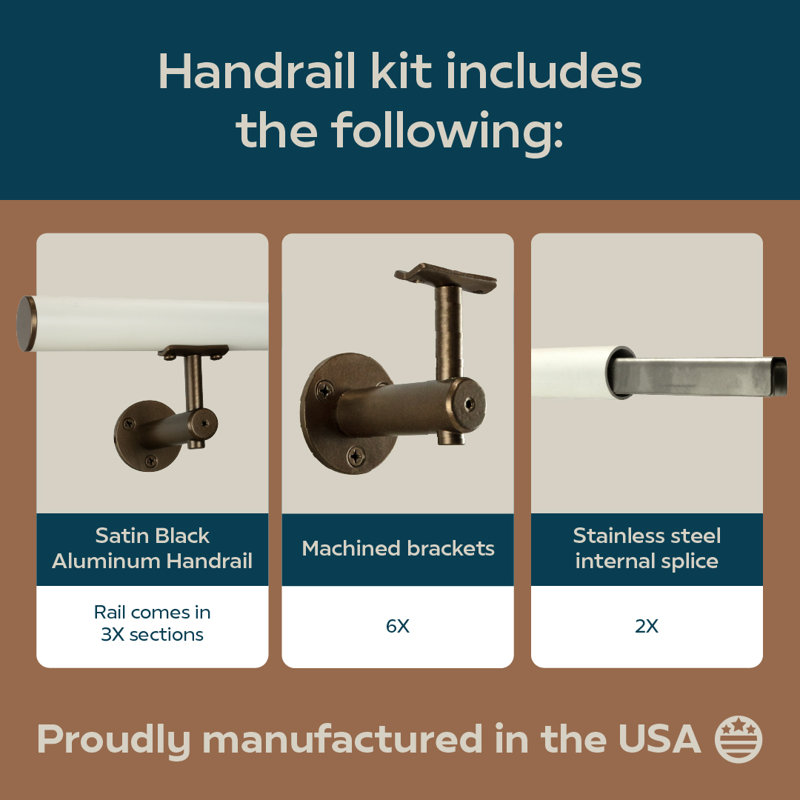 Industrial Aluminum 1.5 Inch Round Complete Indoor/Outdoor Handrail Grab Bar Kit, 204" W, Bronze/White