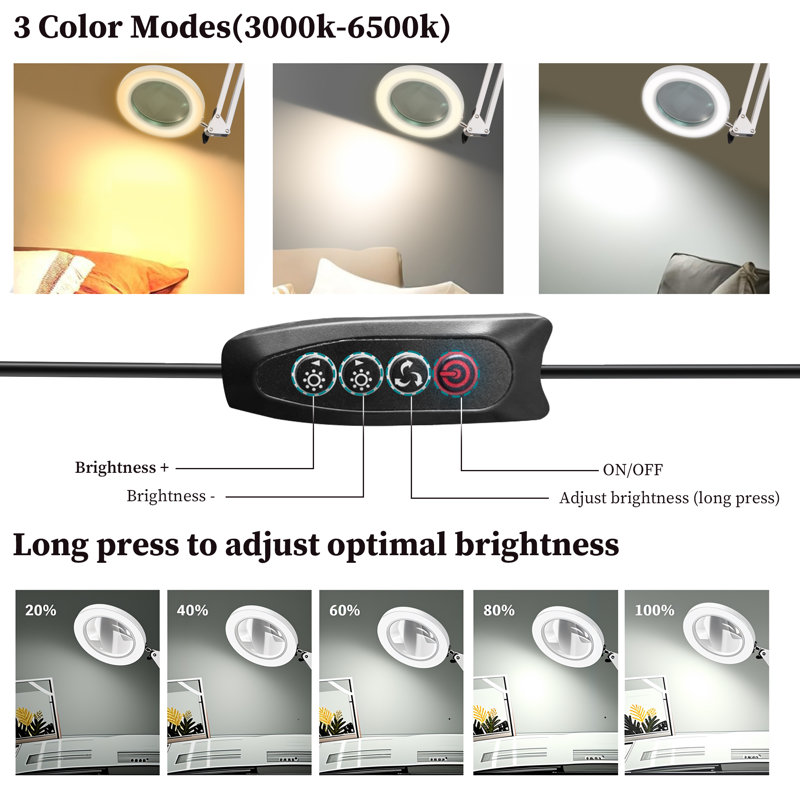 Led Magnifying Lamp With Clamp, 3 Color Modes And 10 Brightness Levels, White