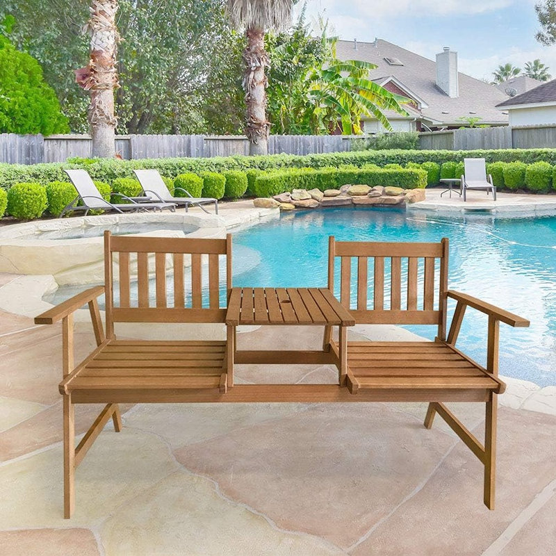 Banc de patio extérieur en bois d'acacia avec table intégrée, banc de jardin robuste, sièges en bois pour la cour arrière, balcon, porche, terrasse, piscine et plage