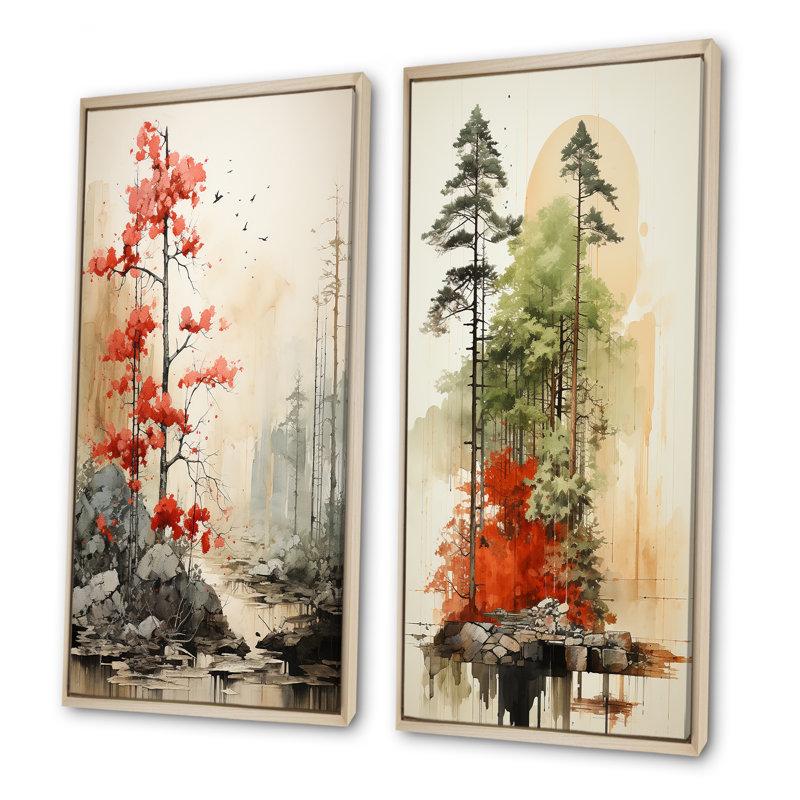 «Munimal Redwood Tree Symetry», ensemble de 2 reproductions d'art sur bois de séquoia, Cadre flottant brun, H 40 po x l 41 po