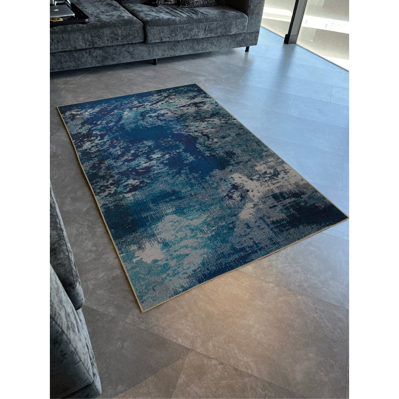 Tapis décoratif moderne à motif abstrait bleu, Rectangle 3 pi 9,81 po x 6 pi 6,74 po