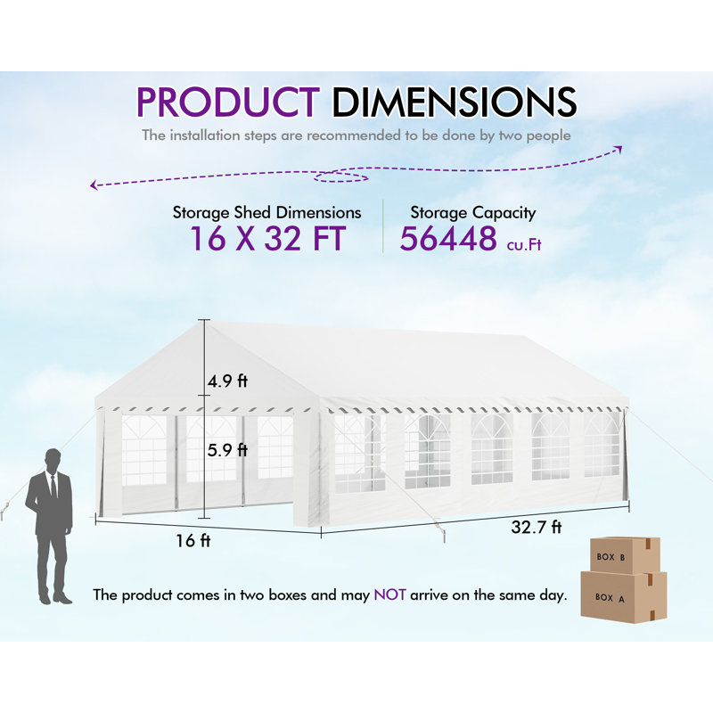 16Ft X 32Ft Canopy With Rolled Sidewalls,White, 16 (ft.) x 32 (ft.), White