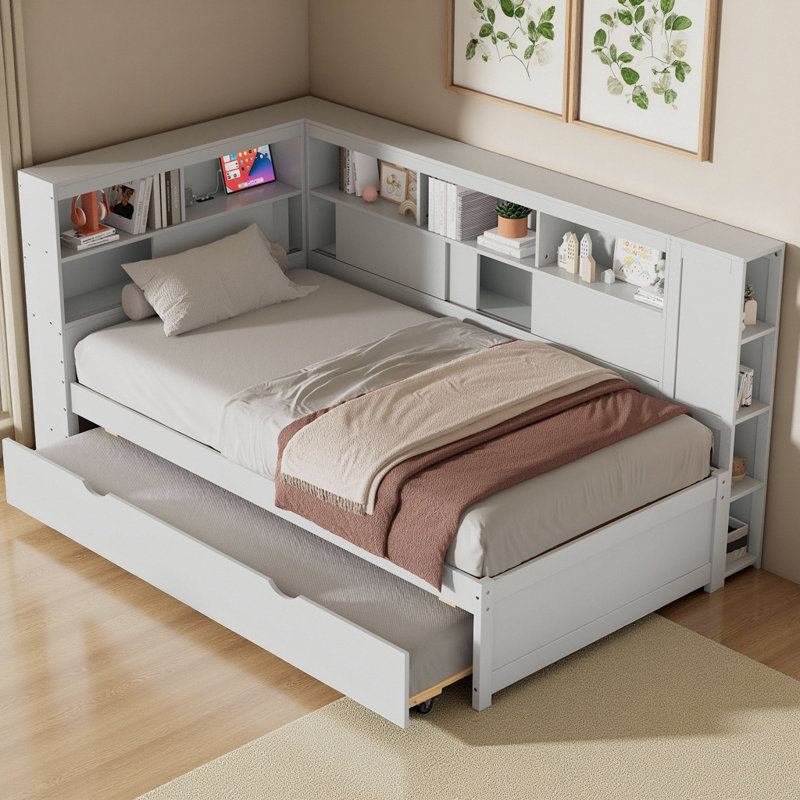 Lit de jour polyvalent avec rangement intelligent USB et gigogne, Blanc