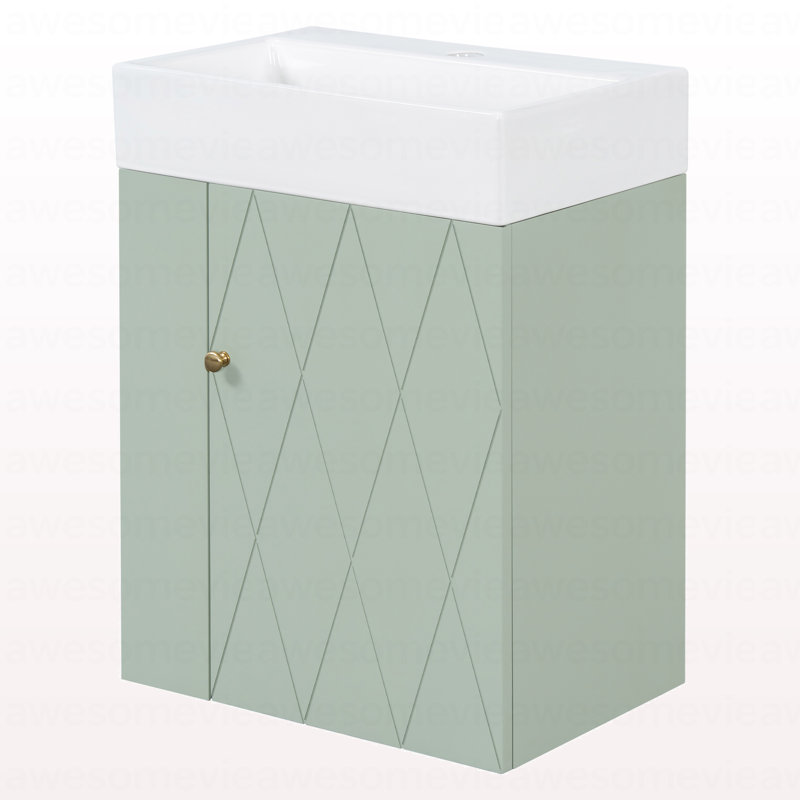 Meuble-lavabo de 20 po avec lavabo en céramique, porte à motif de losanges, poignées dorées et tablettes de rangement latérales - petit cabinet moderne avec barre à serviettes, fabrication en panneau de fibres à densité moyenne, assemblage requis