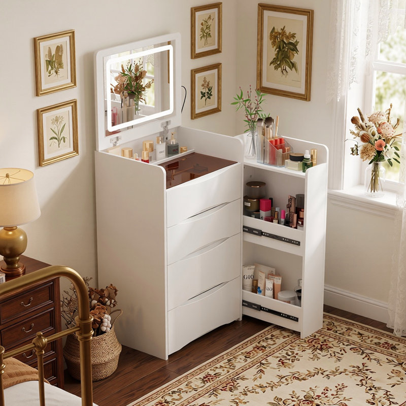 Bureau de coiffeuse 3 en 1 avec miroir rabattable et armoire latérale coulissante